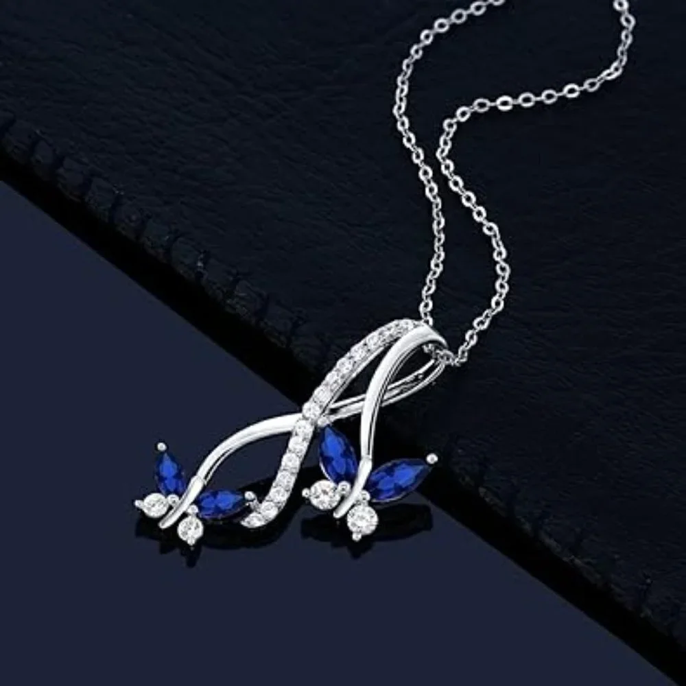 Blue Sapphire Butterfly Infinity Pendant Necklace S925 Sterling Silver 1.21ct